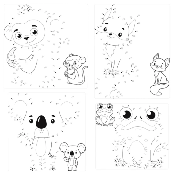 Home 16 Kids connect the dots pages with monkey, koala, fox, and frog illustrations for printable fun learning